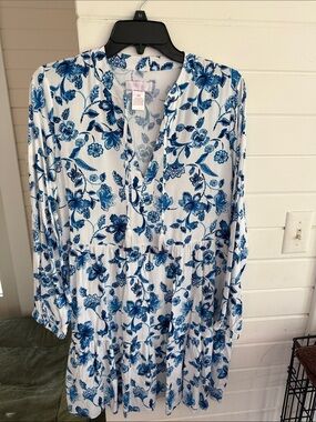 White Floral Tunic Dress with Blue Print